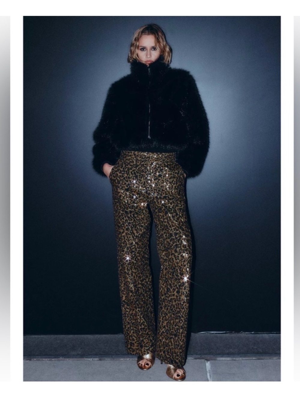 Zara Gold and Black Leopard Sequin Straight-Leg Pants